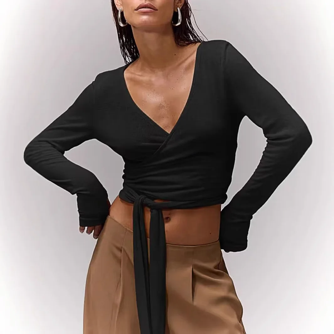 

Women's Color Blo V-Ne Lace-Up Slim Fit irt Long Sve Dstring Pure Polyester Spring Commute Sle T-irt