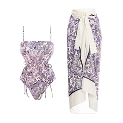 Bañador de flores con volantes para mujer, traje de baño morado claro con falda de cintura media, Bikini ahuecado en la espalda, Monokini Halter, 2023