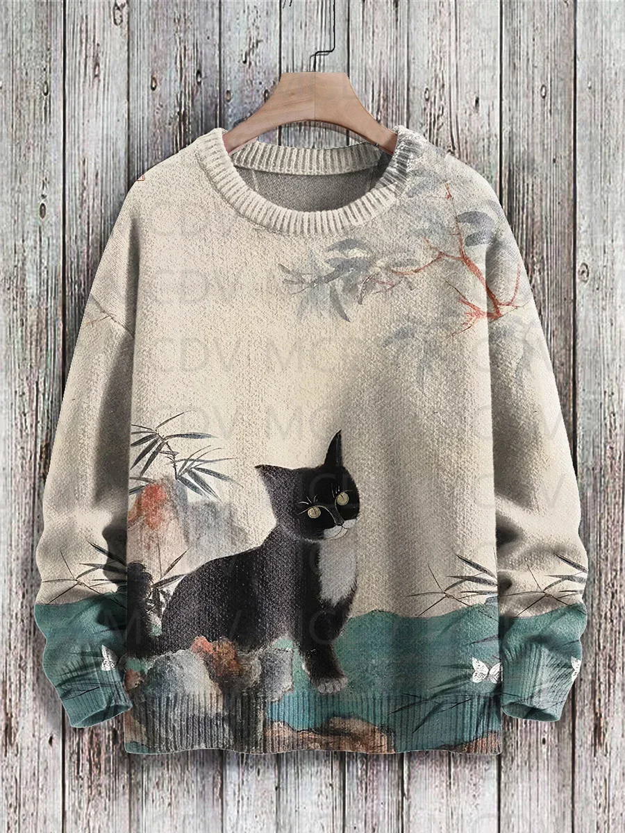 Retro Japanese Style Painting Cat Art Casual Print Knit Pullover Sweater Women For Men Sweater