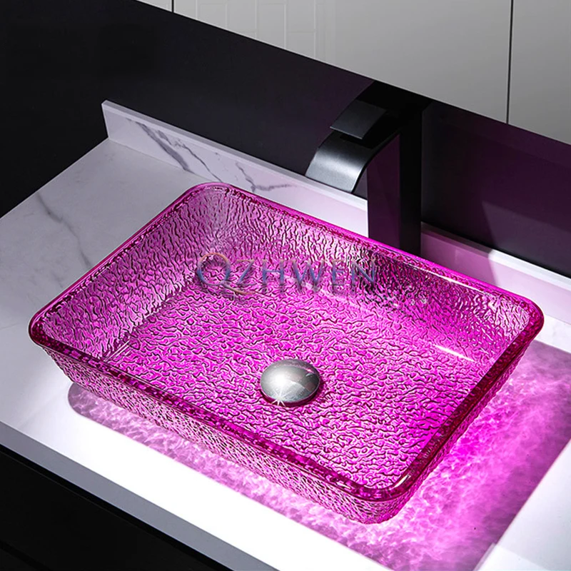 460*330*110mm Purple Crystal Glass Sink Bathroom Washbasin Rectangular Washroom Countertop Art Basin Luxury Hand Wash Pool Sink