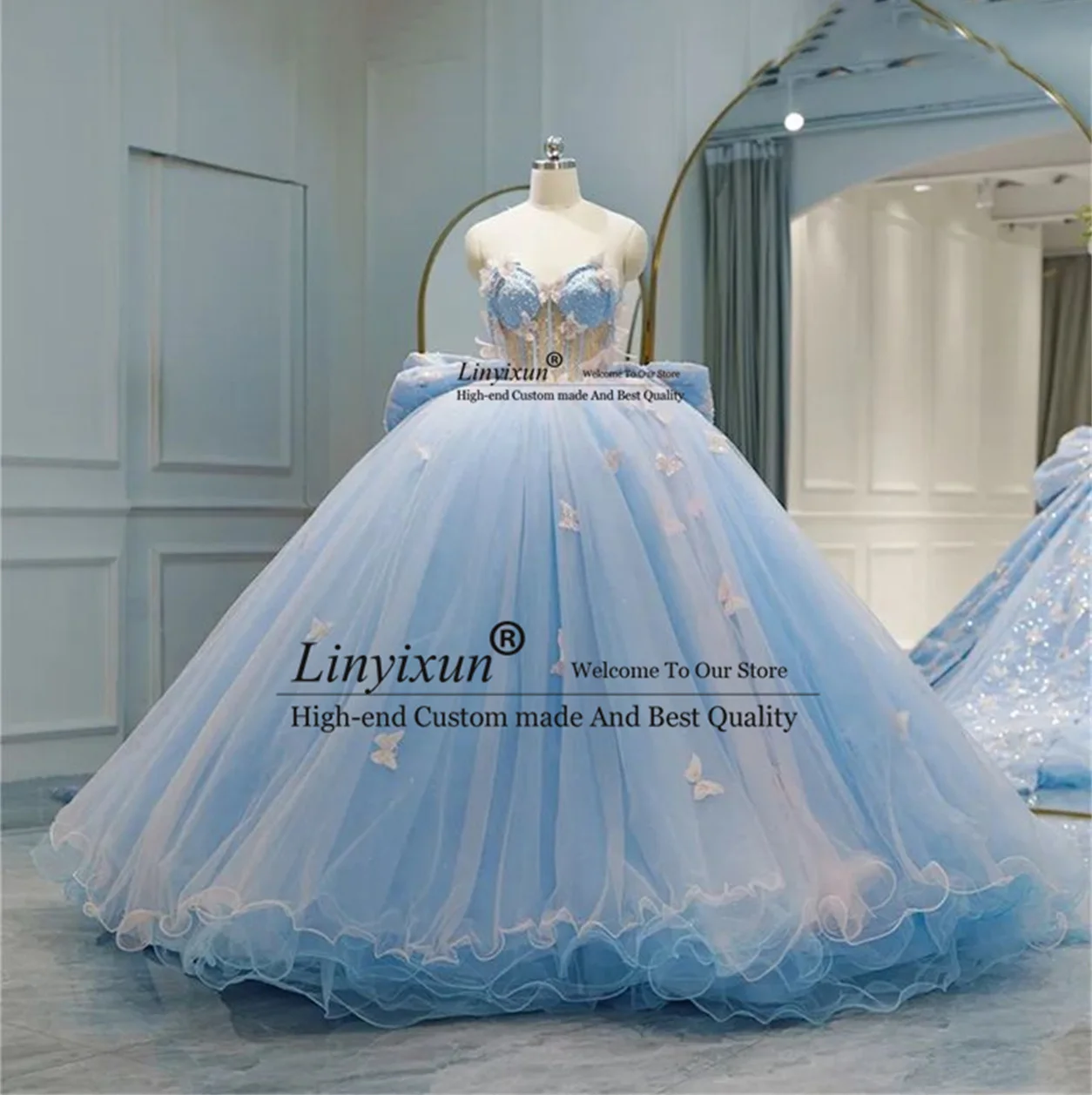 

luxury Light Sky Blue 2023 Ball Gown Quinceanera Dresses Bridal Gowns With Cape Sleeve Sweet 16 Dress vestidos de xv años anos