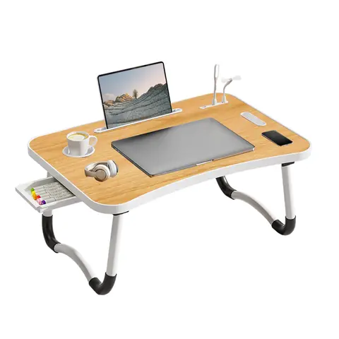Escritorio portátil para computadora portátil con luz USB, ventilador pequeño, portavasos, ranura para tableta y mango de elevación, mesa plegable para computadora portátil para trabajar,