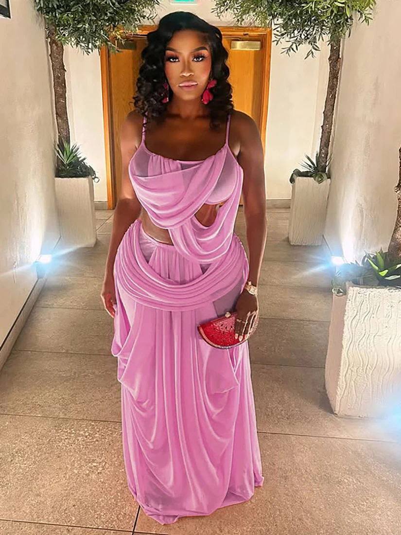 

Sisjuly Pink Marguerite Irregular Drape Strap Mesh Splicing See-through Half Skirt Set Women's Asymmetrical Design Breathable...
