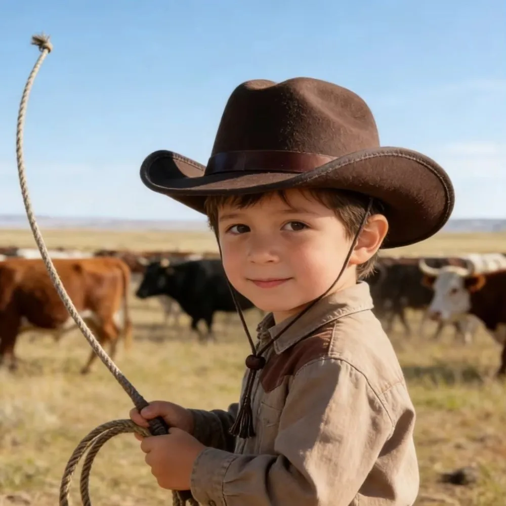 Classic Solid Color Cowboy Hat Wide Brim Felt Jazz Hat Punk Ethnic Style Top Hat Boys