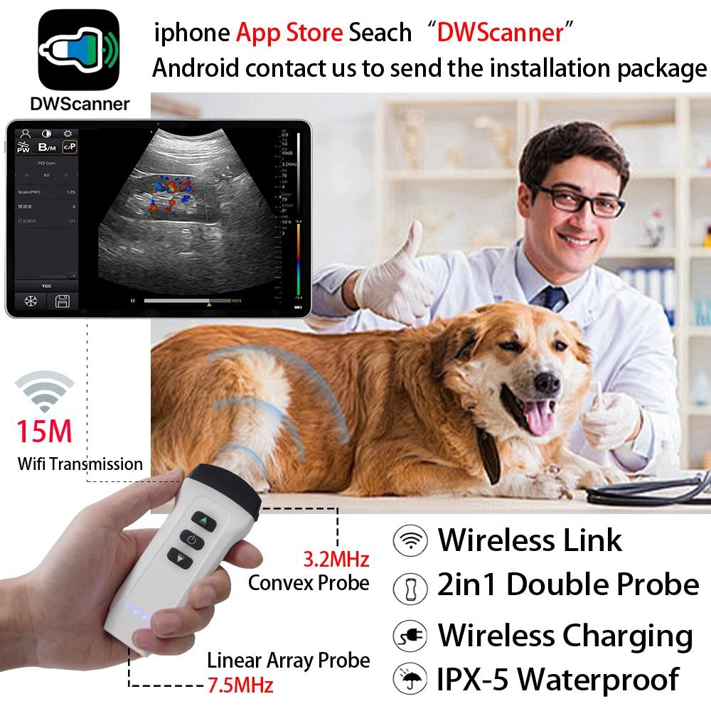 Wireless Color Doppler Veterinary Ultrasound Scanner 2in1 Convex & Linear Probe for Sheep Dog Cat Pig or Human, ios & Android