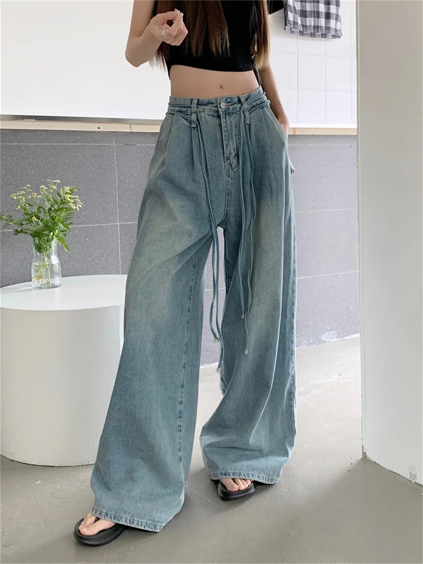 

PLAMTEE Blue Loose Wide-Legged Mopping Jeans Women Chic Vintage Work Wear High Waist 2023 Mujer Autumn All Match Stylish Pants