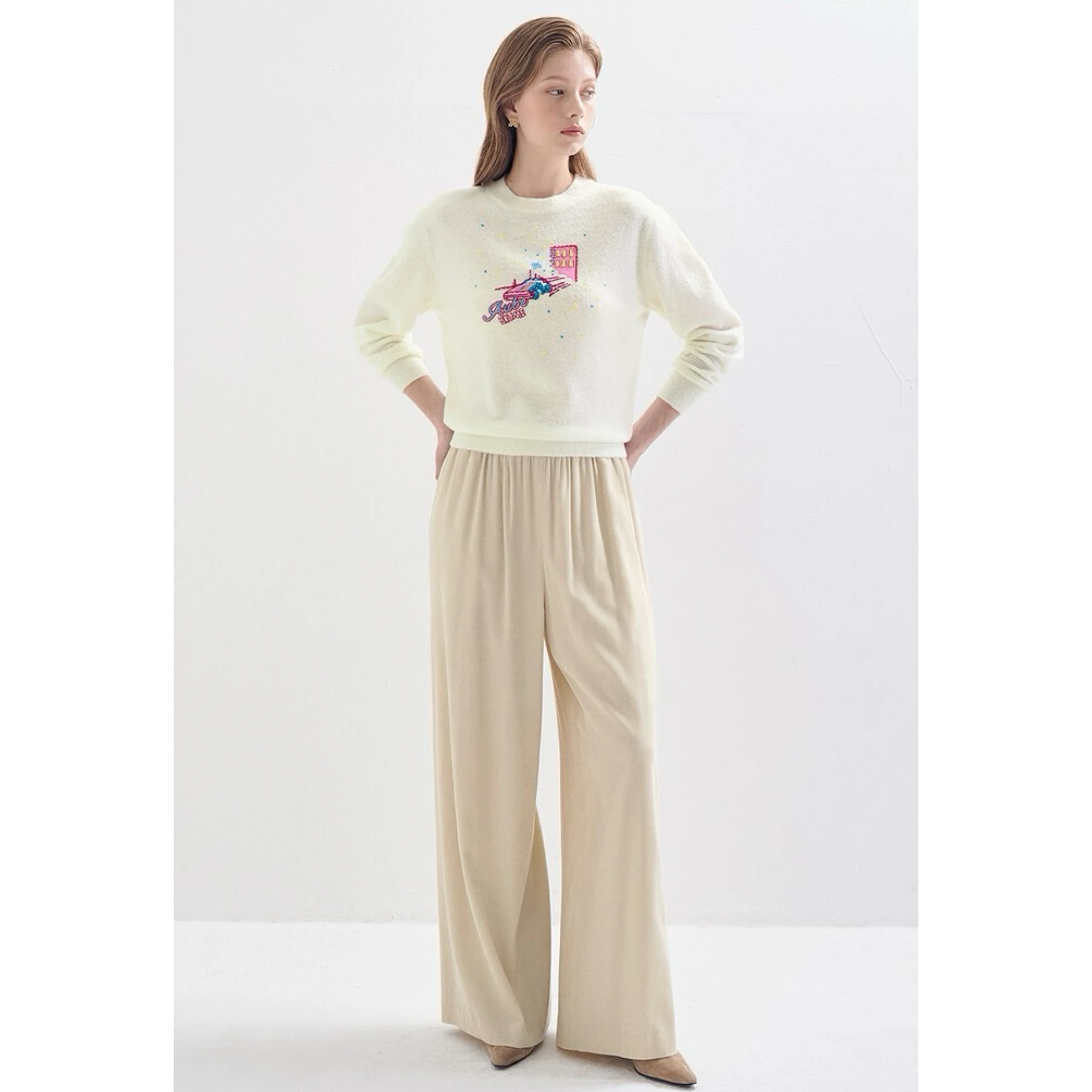 

Lemon Cheese LAN25 Winter Faion round Ne Cartoon Embroidery Hand Sewn Beads Versatile Wool Knitted Sweater Women's Outerwear