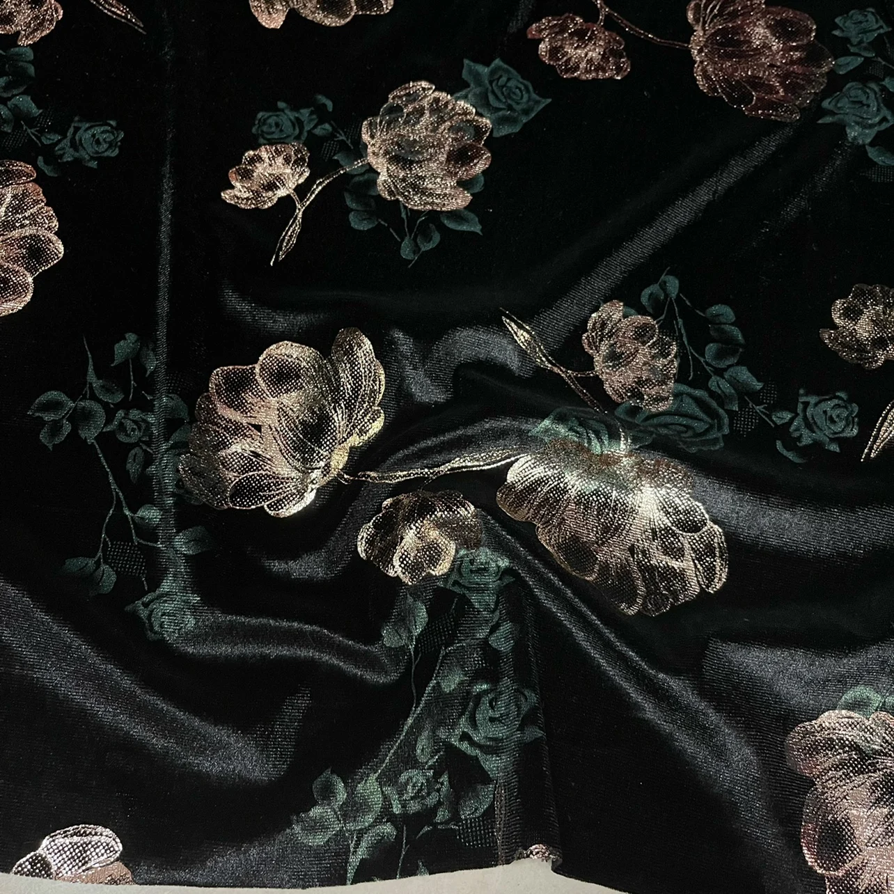 Spring, Autumn and Winter New Black Bottom Dark Green Flower Stretch Bronzing Pleuche Cloth Cheongsam Dress Pants Clothes Fabric