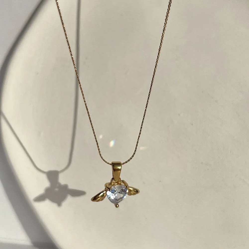 18k Gold Plated Tarnish Free Stainless Steel Angel Wing Colorful 5A Zircon Pendant Necklace for Women Chains Choker Jewelry Gift