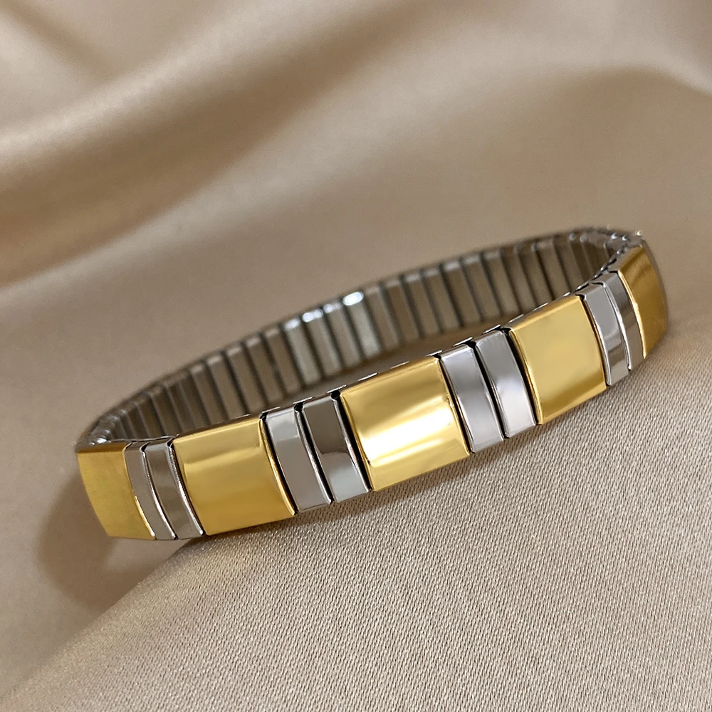 Vintage Stainless Steel Elastic Chunky Bracelets for Women Men Golden Star Heart Adjustable Watchband Bangles Waterproof Jewelry