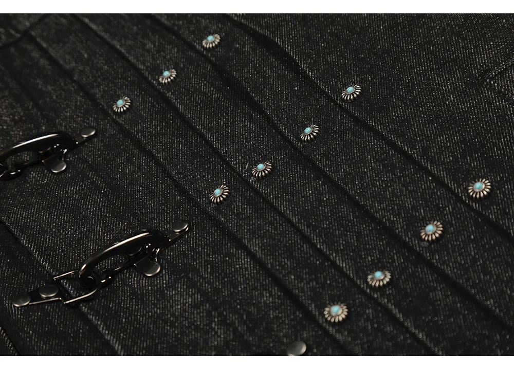 Herren Vintage-Jeansjacke mit Flugzeug-Schnalle, Türkis-Knopf-Mantel, lässige amerikanische Retro-Streetwear, schwarze kurze Oberbekleidung – Detail 9