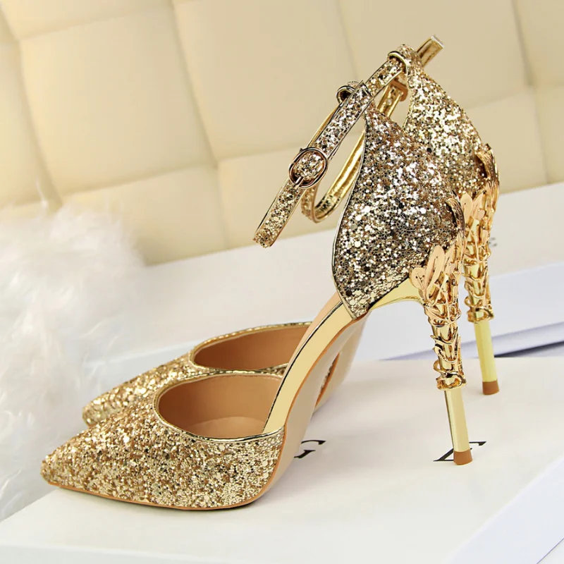 Comemore Elegant Party Sandals Metal Stiletto Glitter Pumps Luxury Women\'s Wedding Shoes Bride Gold Silver 2023 Women High Heels