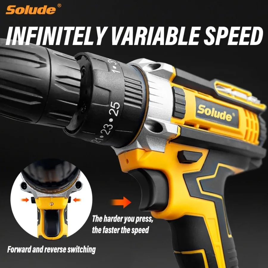 21Vコードレス電動ドリルツールボックス付きツールセット、バッテリー2個と基本的な手工具付き電動ドリルドライバー