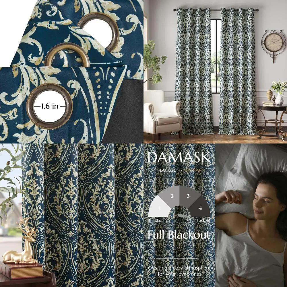 

Blue Damask 96 Living Room Curtains, Vintage Medallion Art Deco, Thermal Insulated Grommet Panels