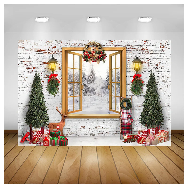 

SHUOZHIKE Christmas Tree Window Wreath Photography Backdrop Wooden Doors Snowman Cinema Pine New Year Background Prop TNB-02