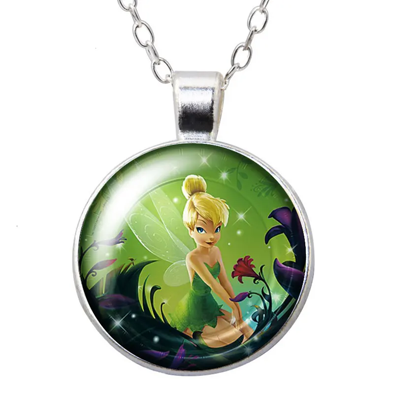 Disney Princess Tinker Bell Spirit Cute Cartoon Round Photo Glass cabochon silver plated pendant necklace jewelry Gift