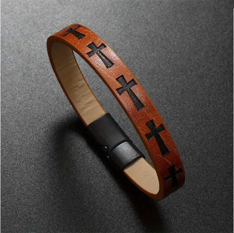 Men's simple retro PU leather cross fashion trend cross bracelet