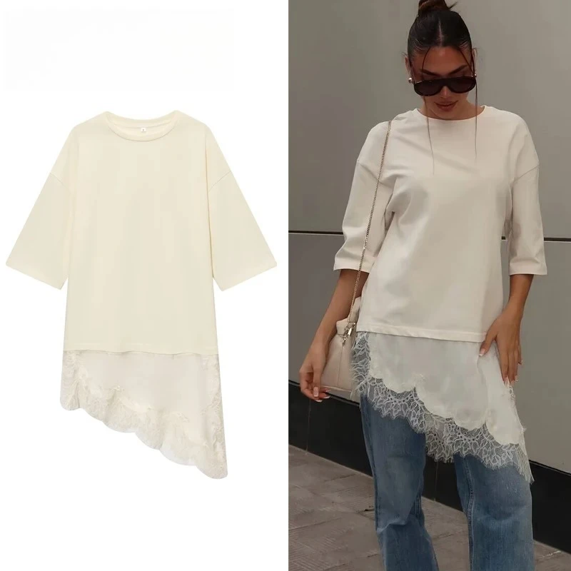 

ZHIO Polo Lace Women's T-shirt Asymmetric Tank Tops for Woman Short Sleeve Funny Woman T-shirts Streetwear Casual Tops Ladies
