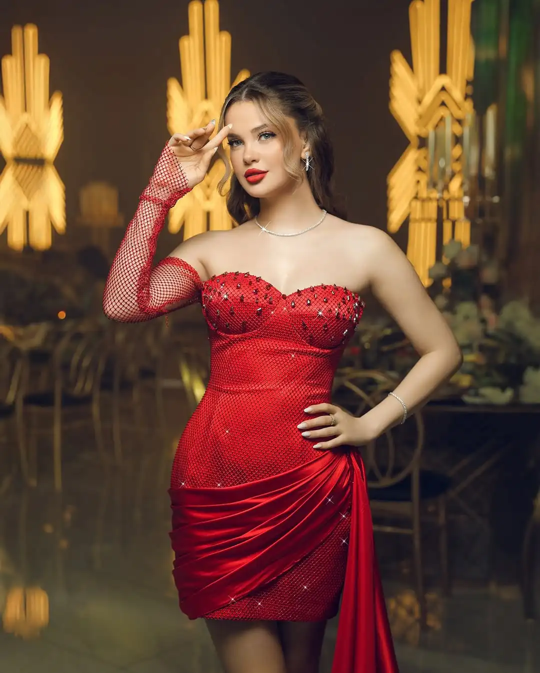 Design Sexy Sweetheart One Sleeves Net Crystal Corset Waist Pleated Ribbon Bodycon Mini Cocktail Evening Prom Formal Party Dress