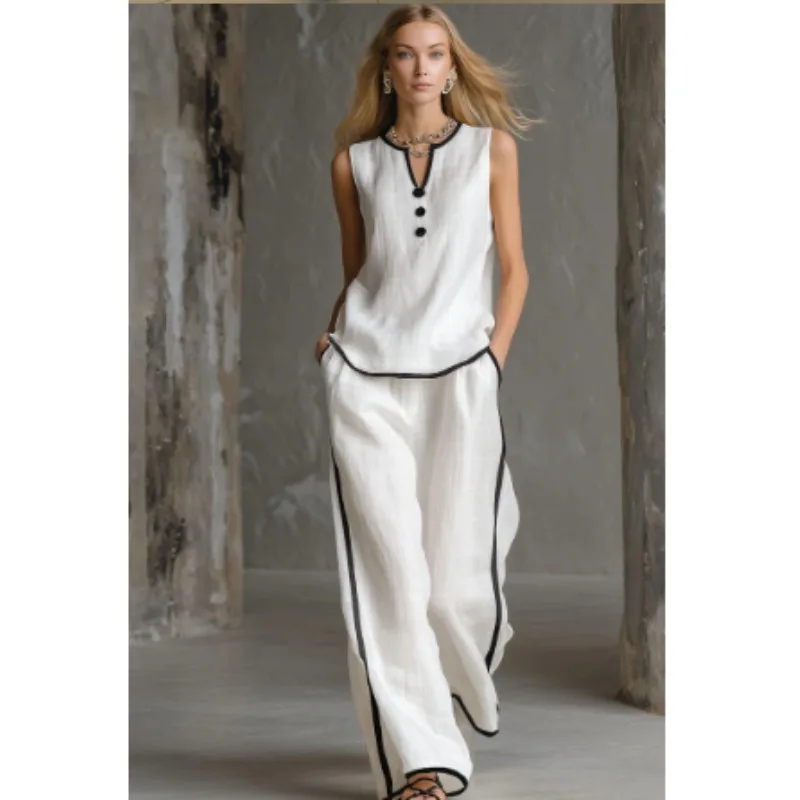 Ensemble d'été sans manches à col en V avec bordure contrastante noire, pantalon large simple et sophistiqué, silhouette amincissante et rehaussant la silhouette