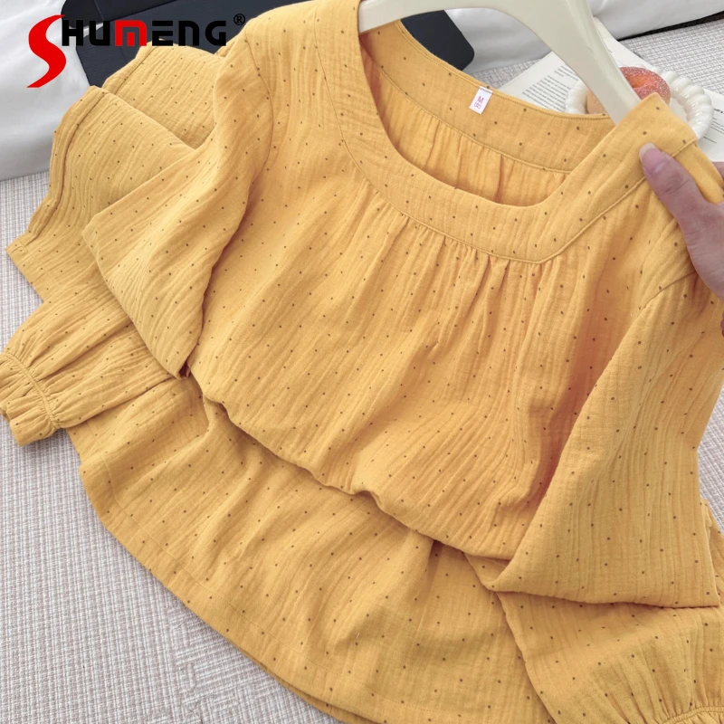 ربيع الخريف القطن الخالص Homewear للنساء جولة الرقبة البولكا نقطة منامة الإناث النمط الياباني طويلة الأكمام المتسكعون مجموعة