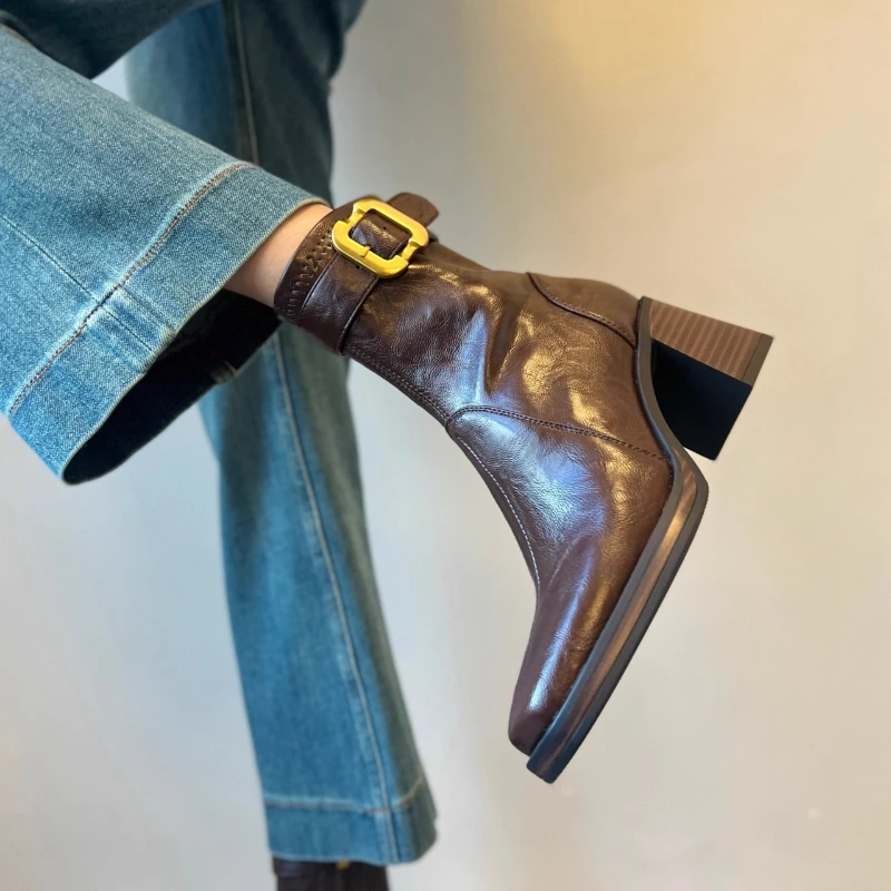 حذاء نسائي ذو نعل سميك وكعب سميك ومقدمة مربعة وسحاب جانبي مقاوم للماء، متعدد الاستخدامات ومضاد للانزلاق وجيد التهوية للكاحل #1