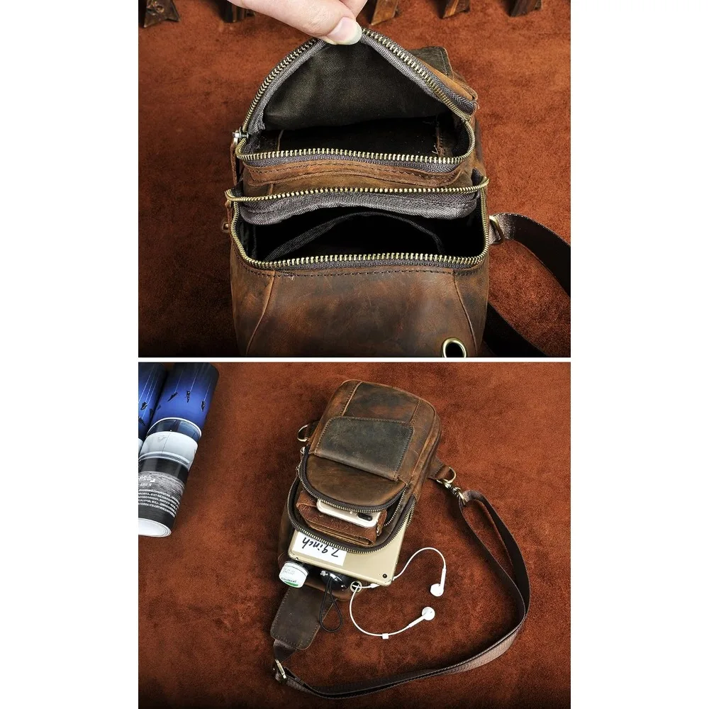 حقيبة كروس جلدية للرجال للتنزه في الهواء الطلق مع حمالة صدر وحزام كتف واحد للسفر وإكسسوارات الشاي