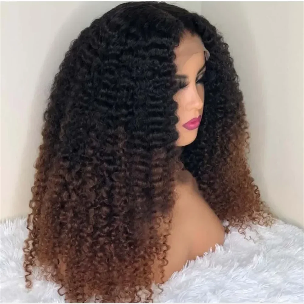 

Soft Long 26Inch Kinky Curly Ombre Brown 180 Density Lace Front Wig For Women With Baby Hair Synthetic Preplucked Glueless Daily
