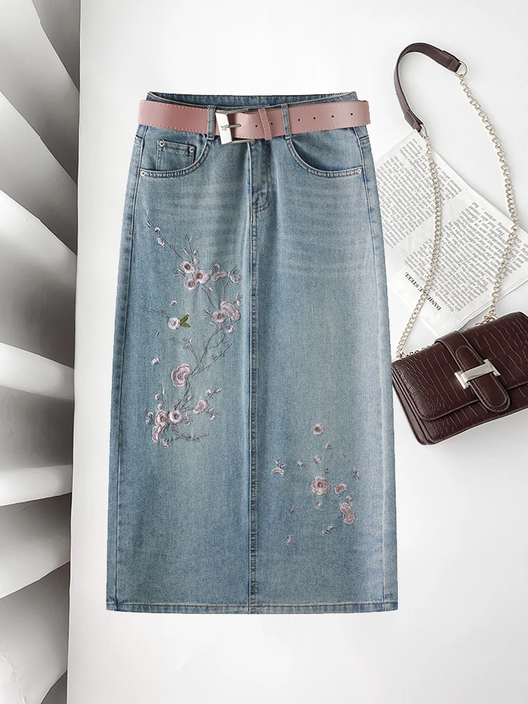 

Новинка 2024, китайская джинсовая юбка с цветочной вышивкой, женская облегающая джинсовая юбка трапециевидной формы с высокой талией