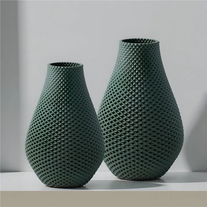 Green vase modern light luxury ceramic flower ware woven pattern 3D printing dried flower insert living room entrance decoration