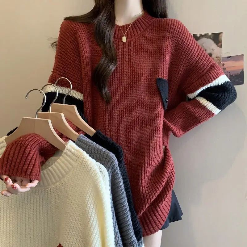 Loose Mid-length Pullover Sweater for Women in Autumn and Winter Round Neck Long Sleeve Printed Versatile Sweater Casual Top