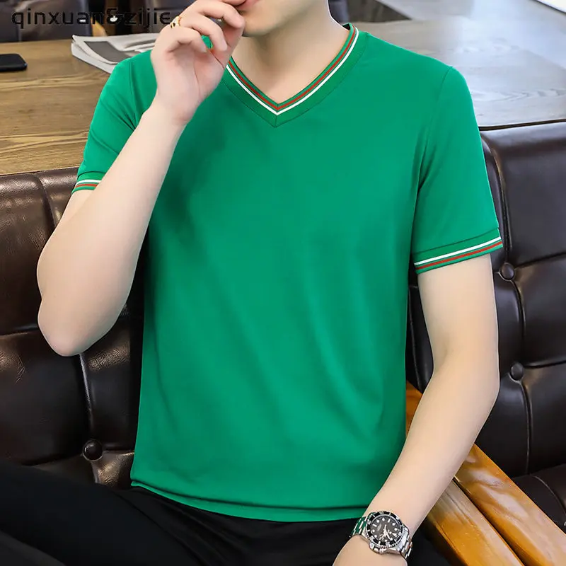 

Brand Quality 100% Cotton Men T-shirt V-neck Fashion Design Slim Fit Soild T-shirts Male Tops Tees Short Sleeve T Shirt For Men