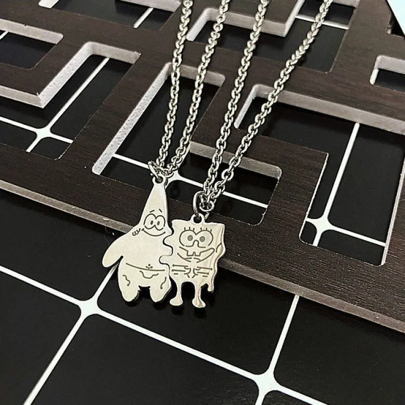 Cartoon SpongeBob SquarePants and Patrick Star Necklace Female Cute Couple Pendant Male Pair Best Friend Gift