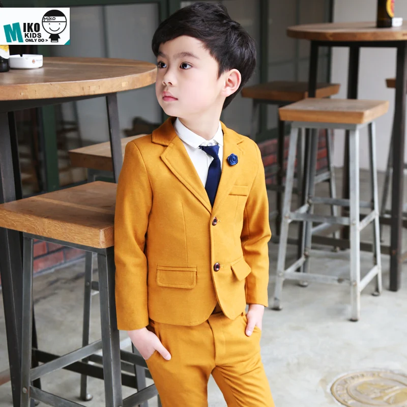 Flower Boys Orange Dress Kids Slim Blazers + Pants 2PCS Party Wedding Suit Children Photography Clothing Set Gentle Prom Costume