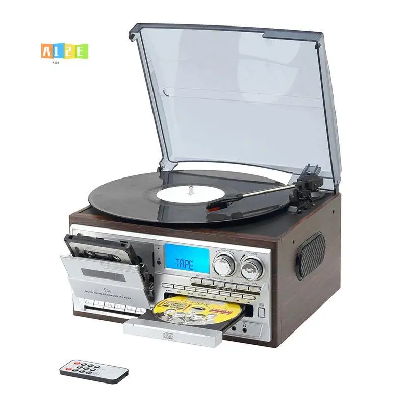 A12E-Retro Vinyl Multi Functions Record Player Turntable 3-Speed Phonograph With AM/FM Radio CD/Cassette