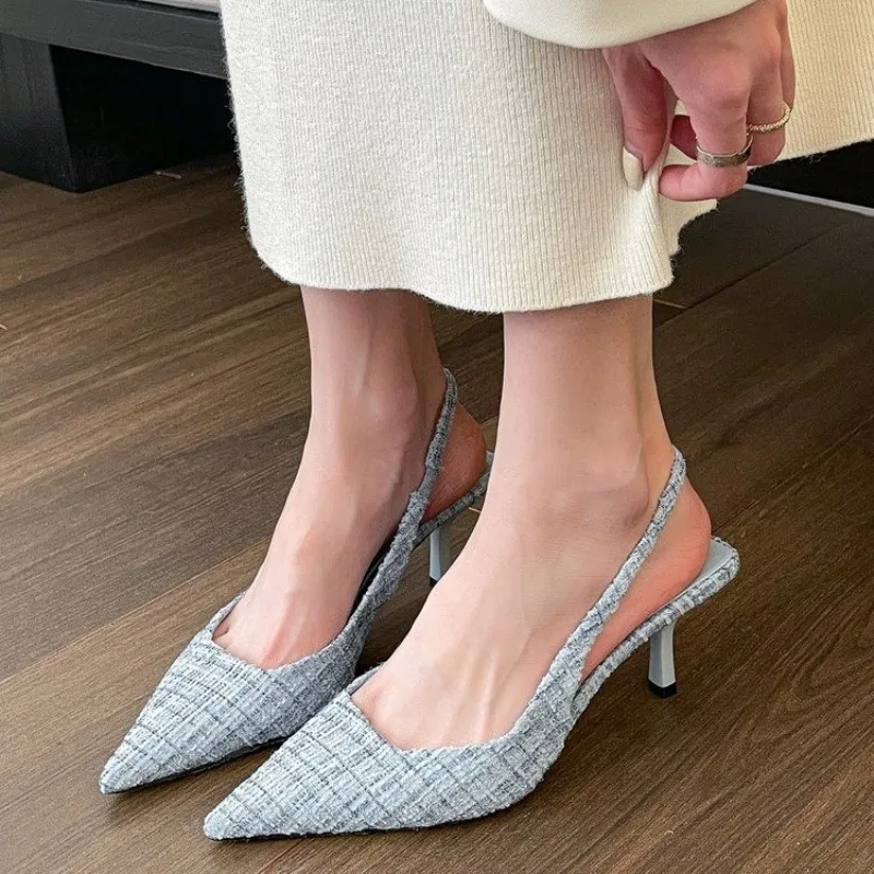 Fashion brand designed knitted platform heels for women, pointed-toe party shoes, comfortable large-size summer stiletto sandals