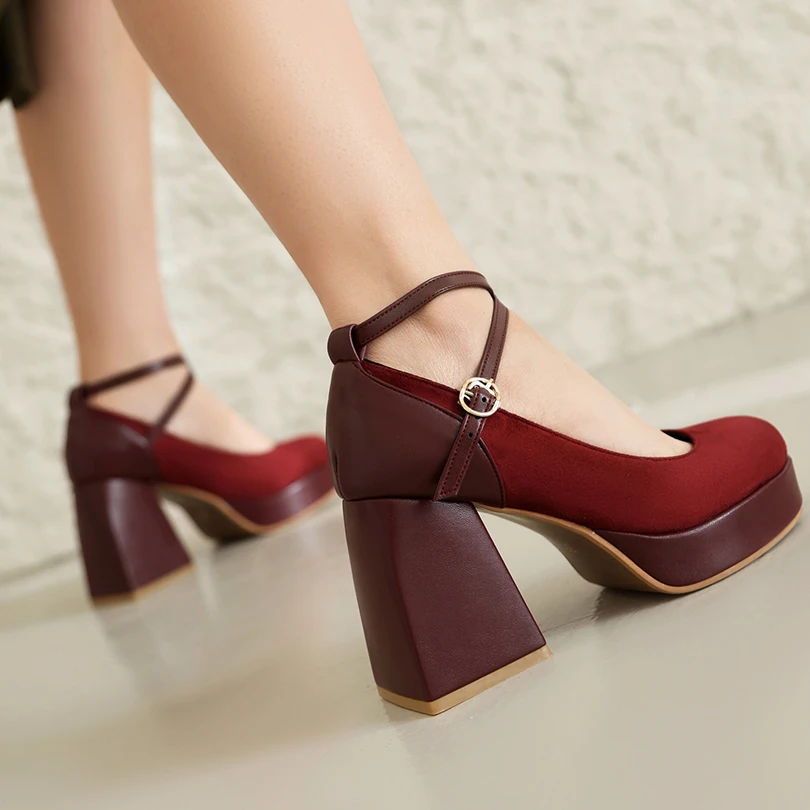 Plus Size Matte Suede Patchwork PU Ankle Cross Strap Buckle Casual High Heels Ultra-High Thick Heel Shallow Spring New Pumps