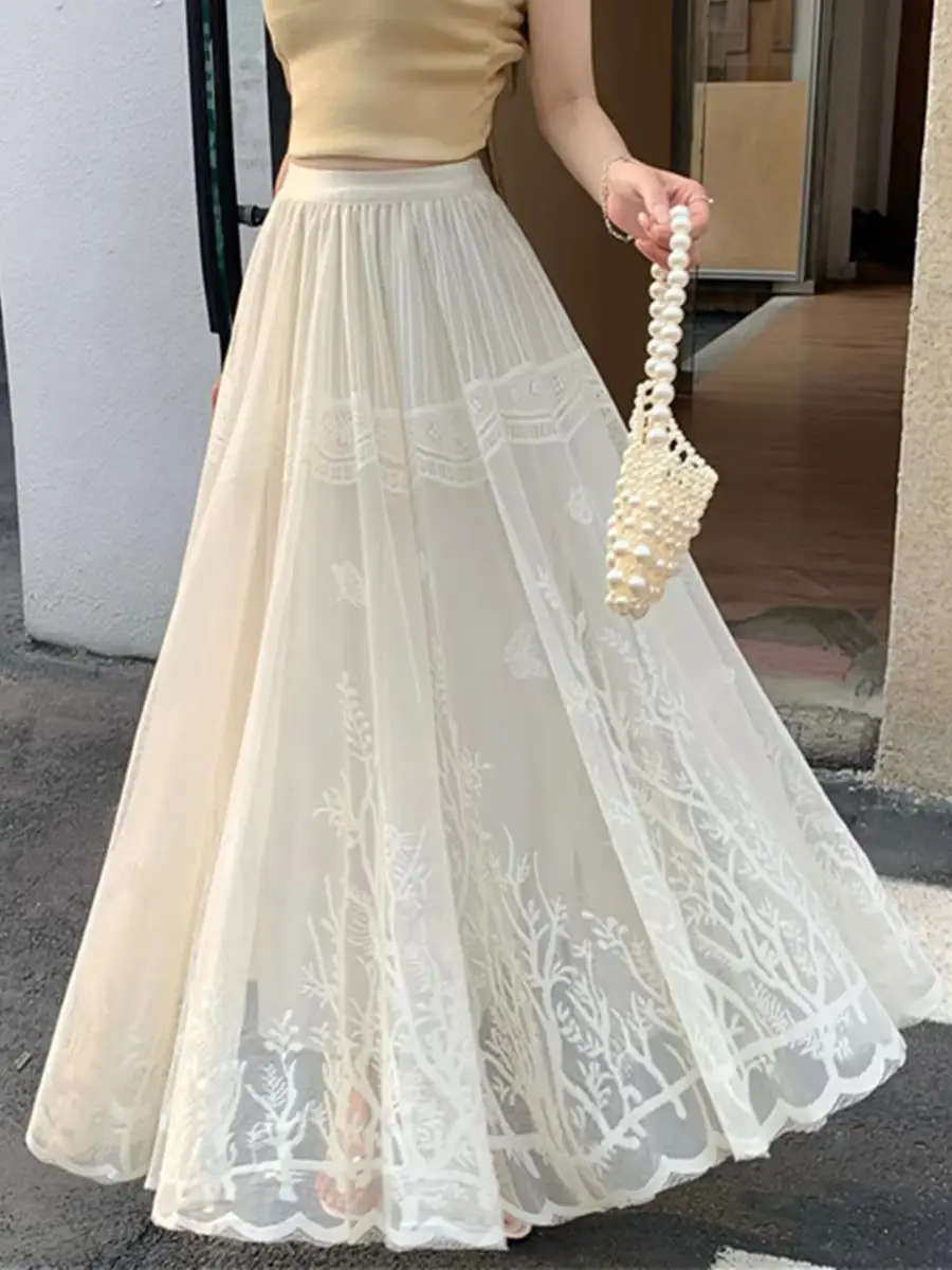 

Romantic Embroidered Mid Skirt For Women's Summer New Versatile Solid-Color Feminine Lace Skirt Vintage Qipao Lining Lace Skirts