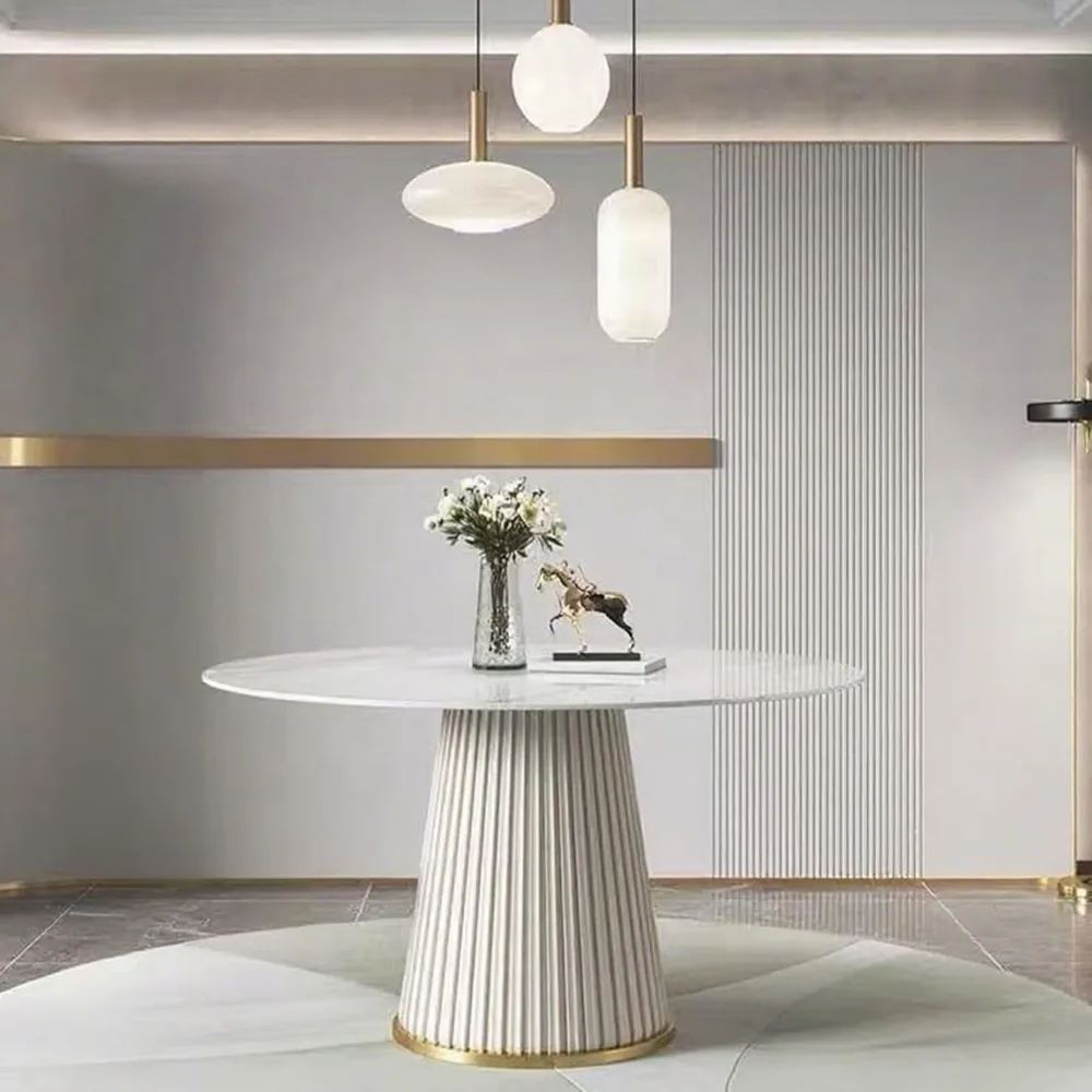 Seating for 4-6: 53 White Marble-Style Round Dining Table with Sintered Stone Top and PU Leather