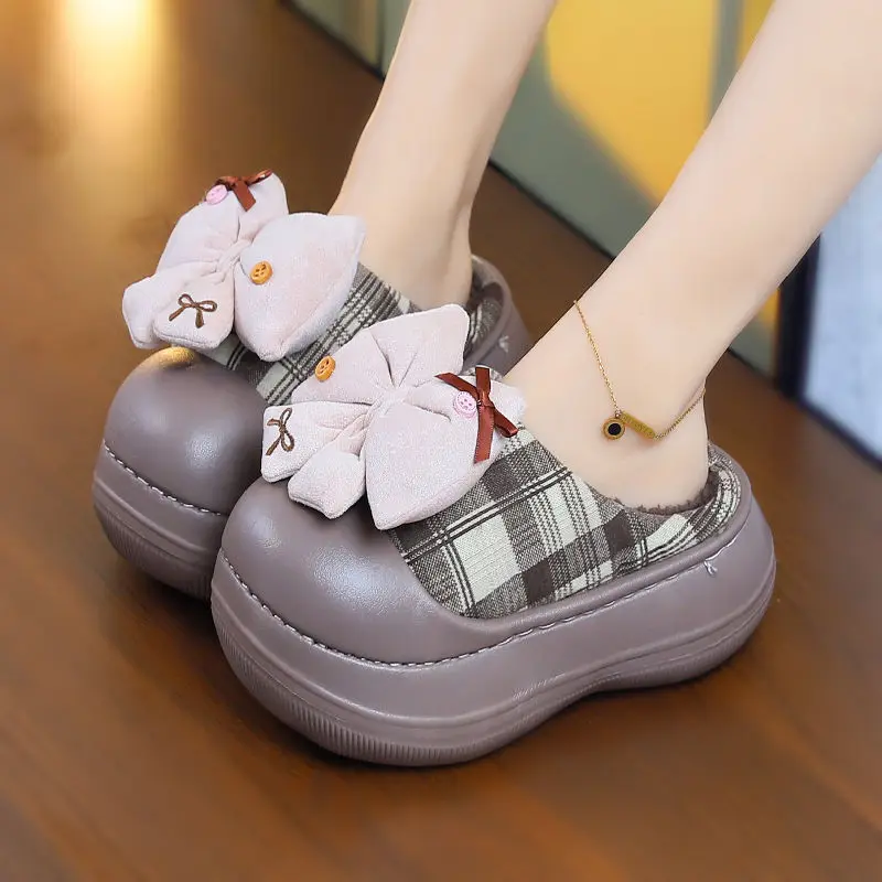 

New butterfly knot slippers woman platform bow shoes ladies canvas fur slides woman elegant bow platform footwear