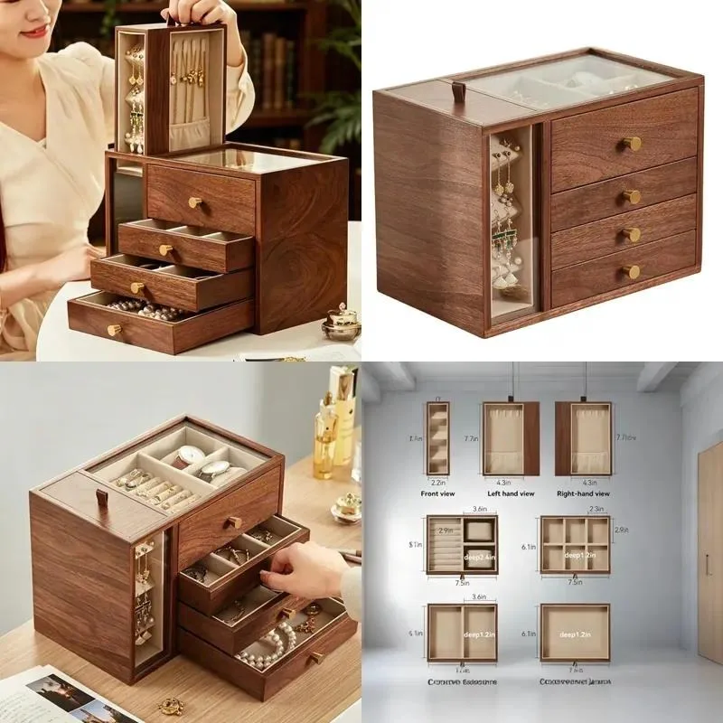 Walnut Jewelry Storage Box Glass Top Drawer Necklace Earring Organizer with Hanging Display Cabinet