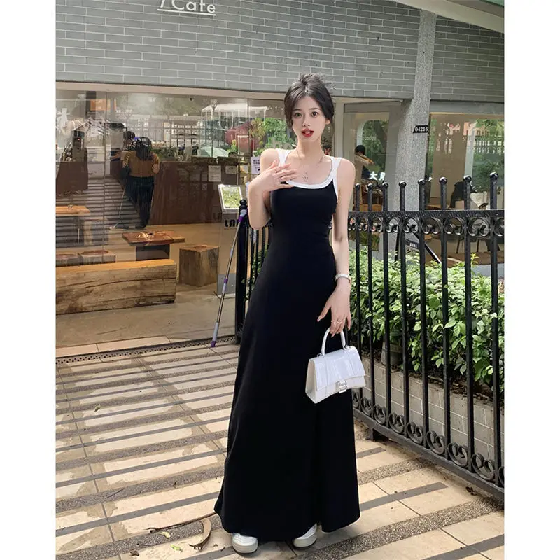 

Women Summer Sexy O Neck Slip Long Dresses Back Hollow Out Spaghetti Strap Street Fashion Black Spliced Bodycon Maxi Dress 2xl