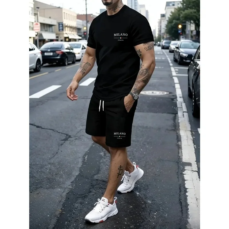 

Men's summer city printed sports suit, men's casual printed fashionable short sleeved T-shirt shorts set.