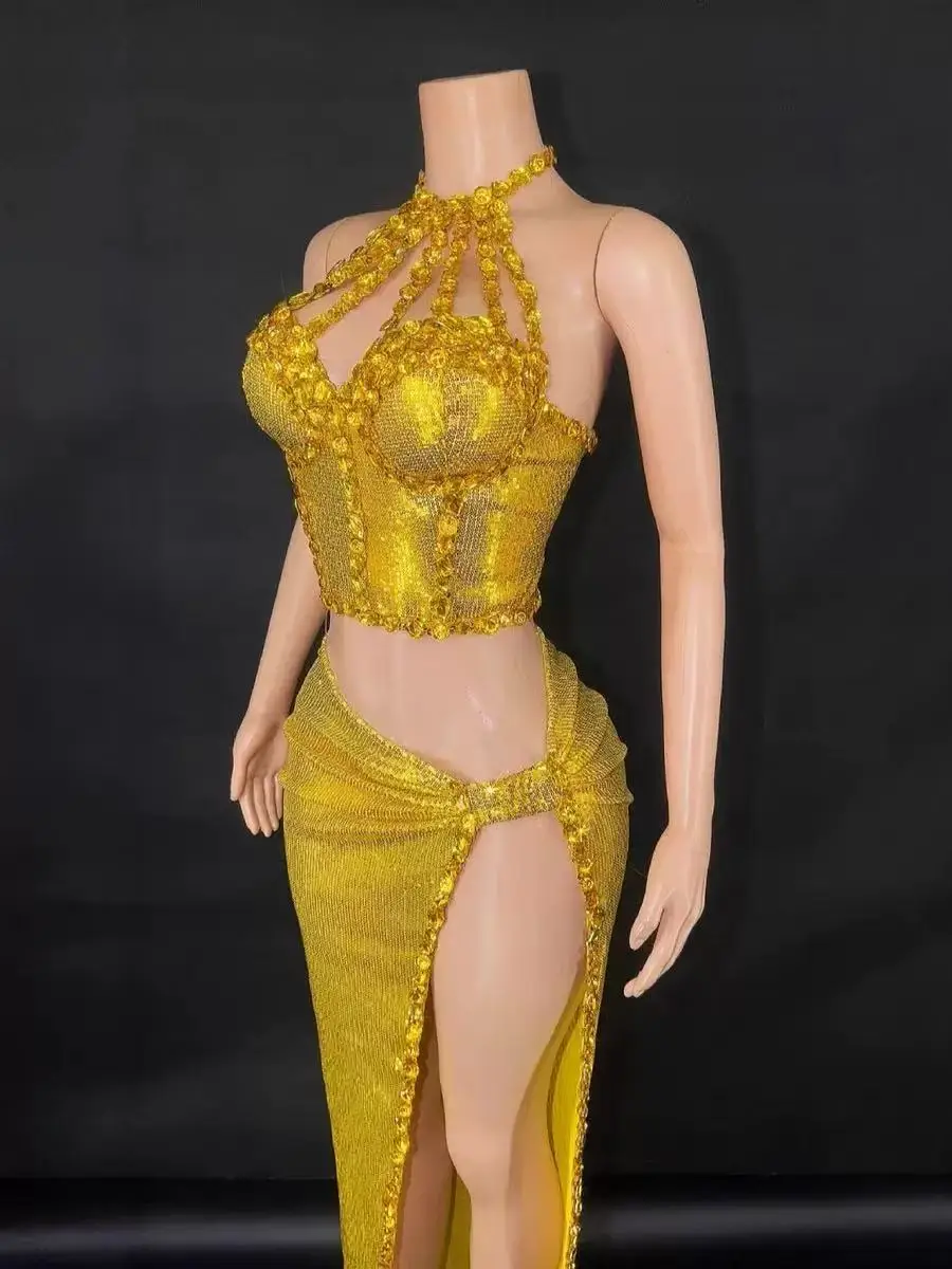 Vrouwen sexy vieren verjaardag jurk stadium dans kostuum fotoshoot dragen sprankelende strass pailletten crop top twee stukken jurk