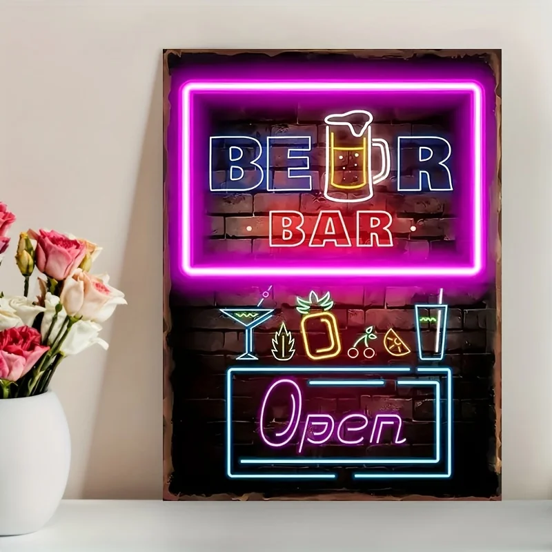 Neon Beer Bar Canvas Art Print, 12x16 - Frameless Wall Decor