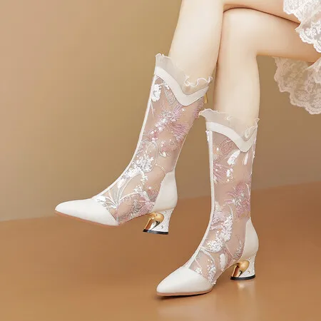 Spring Summer Women Boots Fashion Knee High Boot Zipper Casual Low Heels Mesh Breathable White Ladies Party Shoes Big Size 36-43