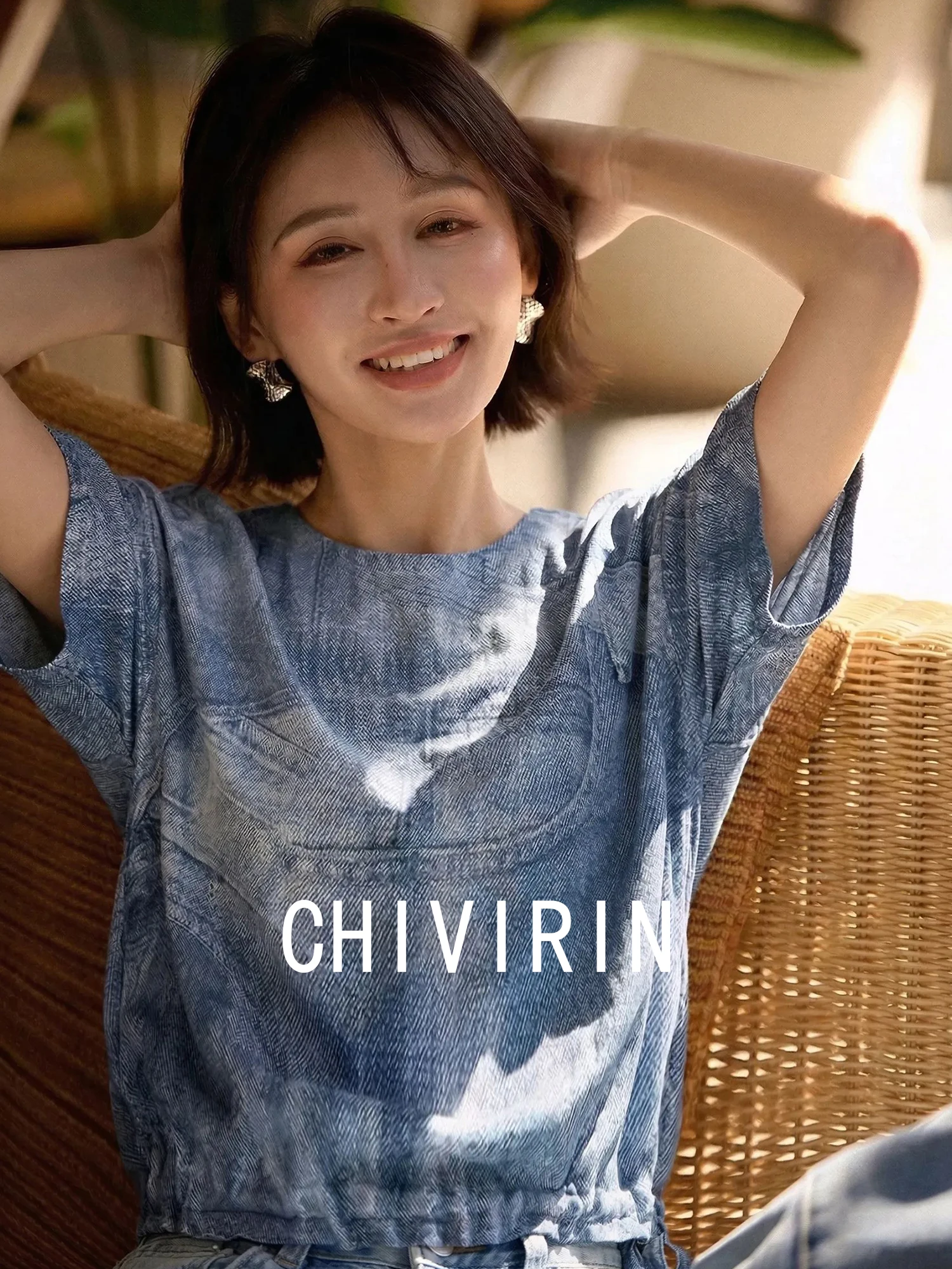

Летняя женская футболка Chivirin Slim Fit с круглым вырезом и коротким рукавом, повседневный универсальный джинсовый топ с принтом, дышащий и комфортный