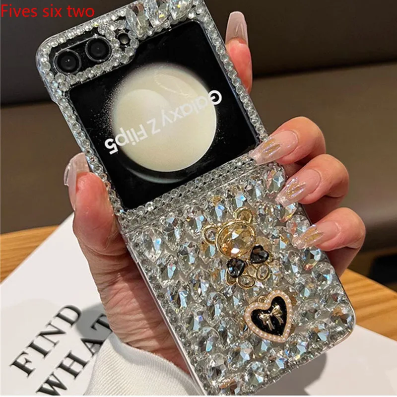 

Для Samsung Galaxy Z Flip 6 5 4 3 Flip6 Flip5 Zflip6 Стразы Кристалл Роскошный чехол для телефона Милый медведь Любовь Сердце Прозрачная задняя крышка
