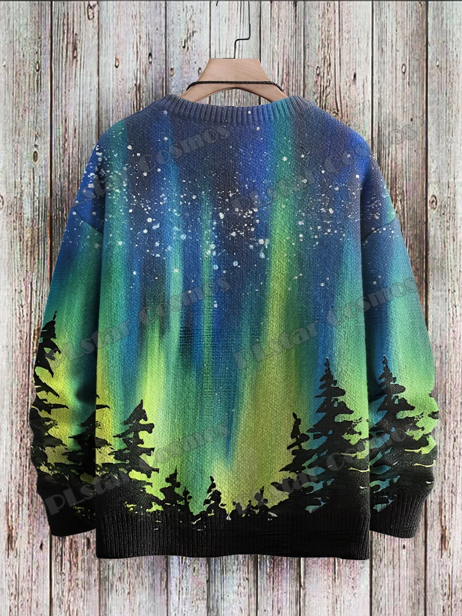 Aurora Scenery Art Christmas & Attacking Wolf Pack 3D Printed Knitted Pullover Winter Unisex Casual Knit Pullover Sweater ZZM94