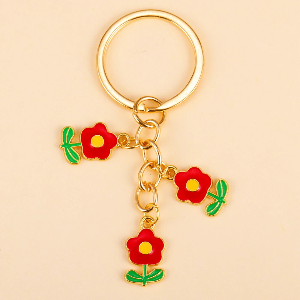 Lovely Metal Oil Drip Colorful Flower Charms Keychain For Women Grils School Bags Car Key Pendants Keyring Party DIY Gifts